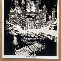 Vintage Original 1970s Velvet Flocked Medieval Times Castle Blacklight Poster