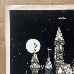 Vintage Original 1970s Velvet Flocked Medieval Times Castle Blacklight Poster