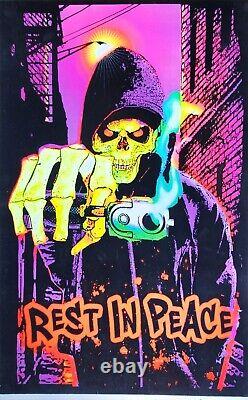 Vintage Original Black Light Poster Rest In Piece RIP Grim Reaper Skeleton 35