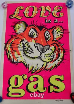 Vintage Original LOVE IS A GAS Esso Tiger in Your Tank Black Light Poster 1969