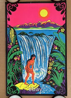 Vintage Original Psychedelic Blacklight Poster Paradise Waterfall Scenic Woman
