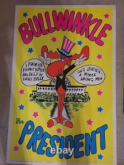 Vintage Original, Rare 1972 Bullwinkle for President Blacklight 22 3/4 x 34 1/2