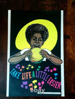 Vintage TAKE LIFE A LITTLE EASIER Blacklight Poster 1973 Burger Afro One Stop