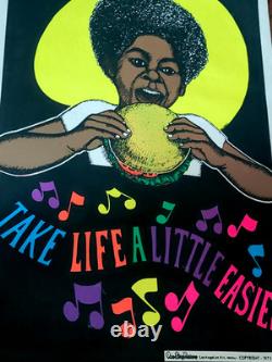 Vintage TAKE LIFE A LITTLE EASIER Blacklight Poster 1973 Burger Afro One Stop