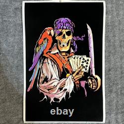 Vintage Velvet Blacklight Poster Pirate Skeleton Deadman's Hand Liquid Blue