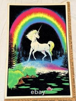 Vintage Velvet Flocked GLITTER Blacklight Neon Poster UNICORN IN PARIDISE 1980