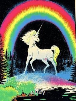 Vintage Velvet Flocked GLITTER Blacklight Neon Poster UNICORN IN PARIDISE 1980