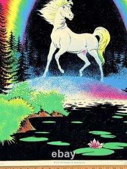 Vintage Velvet Flocked GLITTER Blacklight Neon Poster UNICORN IN PARIDISE 1980