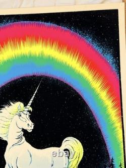 Vintage Velvet Flocked GLITTER Blacklight Neon Poster UNICORN IN PARIDISE 1980