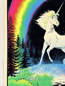 Vintage Velvet Flocked GLITTER Blacklight Neon Poster UNICORN IN PARIDISE 1980