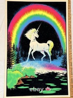 Vintage Velvet Flocked GLITTER Blacklight Neon Poster UNICORN IN PARIDISE 1980