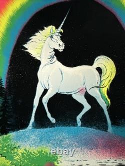 Vintage Velvet Flocked GLITTER Blacklight Poster UNICORN IN PARIDISE 1980 23x35