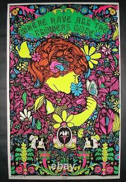 Vintage WHERE HAVE ALL THE FLOWERS GONE blacklight poster Bourne Hip Chicago NOS