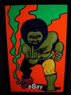 Vintage velvet BLACK TORGA blacklight poster Afro skull middle finger Angry NOS