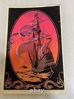 Vtg 1970's Sailing Ship The Voyage Black Light Glowing Poster Velva Print