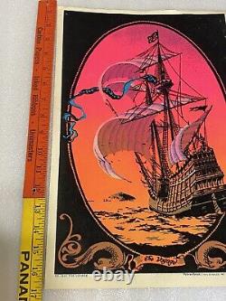 Vtg 1970's Sailing Ship The Voyage Black Light Glowing Poster Velva Print