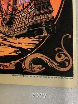 Vtg 1970's Sailing Ship The Voyage Black Light Glowing Poster Velva Print