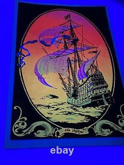 Vtg 1970's Sailing Ship The Voyage Black Light Glowing Poster Velva Print