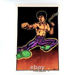 Vtg 1975 Bruce Lee Flying Side Kick #2 Flocked Velvet Black Light Poster 35x23