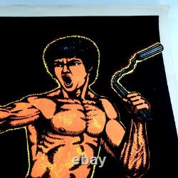 Vtg 1975 Bruce Lee Flying Side Kick #2 Flocked Velvet Black Light Poster 35x23