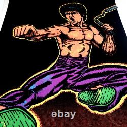 Vtg 1975 Bruce Lee Flying Side Kick #2 Flocked Velvet Black Light Poster 35x23