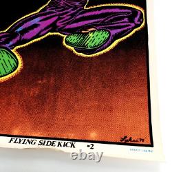 Vtg 1975 Bruce Lee Flying Side Kick #2 Flocked Velvet Black Light Poster 35x23