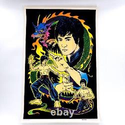 Vtg 1975 Bruce Lee Kung Fu Master Black Light Flocked Velvet Poster Vela-Print