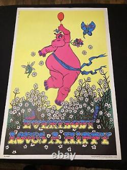 Vtg 70's Black Light Poster Pink Hippy Hippo 23x 35 1970 Trippy Rare Love Fly