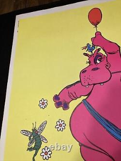 Vtg 70's Black Light Poster Pink Hippy Hippo 23x 35 1970 Trippy Rare Love Fly