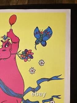 Vtg 70's Black Light Poster Pink Hippy Hippo 23x 35 1970 Trippy Rare Love Fly