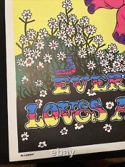 Vtg 70's Black Light Poster Pink Hippy Hippo 23x 35 1970 Trippy Rare Love Fly