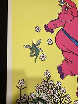 Vtg 70's Black Light Poster Pink Hippy Hippo 23x 35 1970 Trippy Rare Love Fly