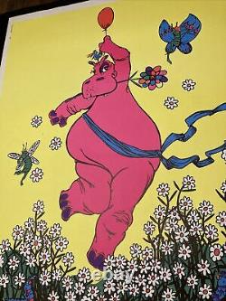 Vtg 70's Black Light Poster Pink Hippy Hippo 23x 35 1970 Trippy Rare Love Fly