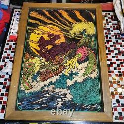 Vtg 70's Western Graphics Sea Monster Boat Blacklight Poster Prints Art FLOCKED