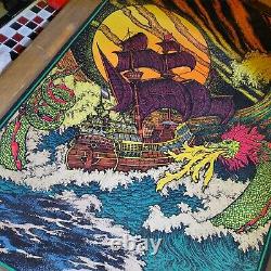 Vtg 70's Western Graphics Sea Monster Boat Blacklight Poster Prints Art FLOCKED