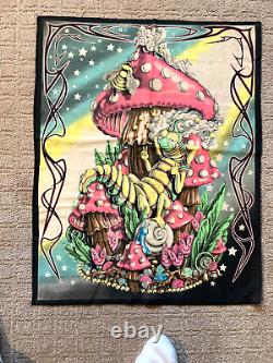 Vtg Black Light Poster Trippy Rare Fabric 27 1/2 by 22 Mushroom and High Worm