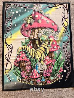 Vtg Black Light Poster Trippy Rare Fabric 27 1/2 by 22 Mushroom and High Worm