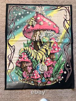 Vtg Black Light Poster Trippy Rare Fabric 27 1/2 by 22 Mushroom and High Worm