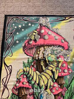 Vtg Black Light Poster Trippy Rare Fabric 27 1/2 by 22 Mushroom and High Worm