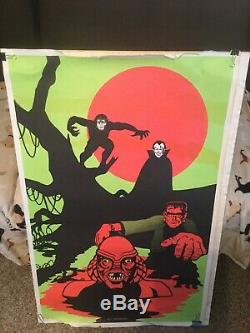 Vtg Blacklight Poster Frankenstein Wolfman Dracula Creature Universal Monsters