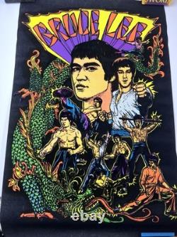 Vtg Bruce Lee Kung Fu Black Light Flocked Velvet Poster Dragons 1974 Pro Arts