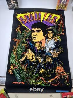 Vtg Bruce Lee Kung Fu Black Light Flocked Velvet Poster Dragons 1974 Pro Arts