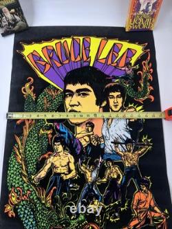 Vtg Bruce Lee Kung Fu Black Light Flocked Velvet Poster Dragons 1974 Pro Arts