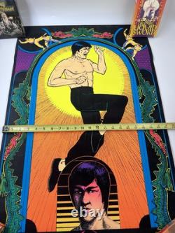 Vtg Bruce Lee Kung Fu Black Light Flocked Velvet Poster Dragons 1974 Pro Arts
