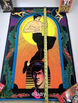 Vtg Bruce Lee Kung Fu Black Light Flocked Velvet Poster Dragons 1974 Pro Arts
