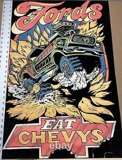 Vtg FORDS EAT CHEVYS Blacklight Poster 70's Western Graphics Eugene Oregon RARE