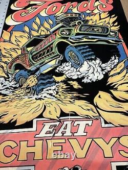 Vtg FORDS EAT CHEVYS Blacklight Poster 70's Western Graphics Eugene Oregon RARE