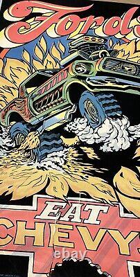 Vtg FORDS EAT CHEVYS Blacklight Poster 70's Western Graphics Eugene Oregon RARE