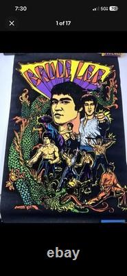 Vtg NOS Bruce Lee Kung Fu Black Light Flocked Velvet Poster 1974 Pro Arts