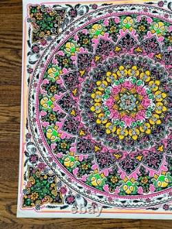 Vtg Psychedelic Mandala Blacklight Poster Neon Floral Boho Op Art Hippie Decor